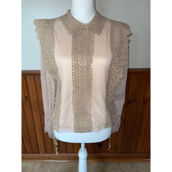 Womens Molly Bracket Sheer Overlay Embroidered‎ Peasant Blouse - Picture 1 of 7